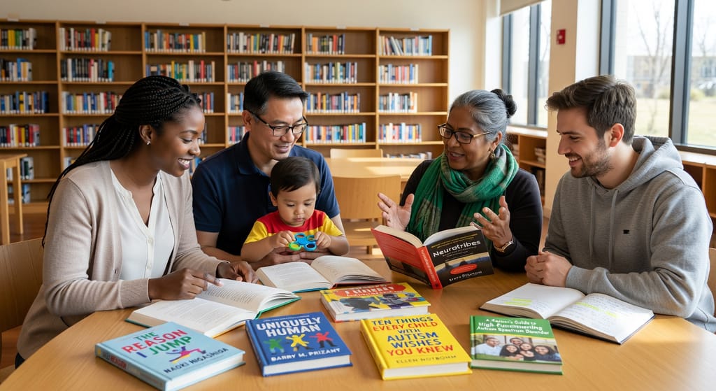 Parents and educators reading autism books together at a library table
