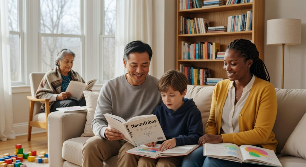 A family reading NeuroTribes, one of the most recommended autism books, together at home
