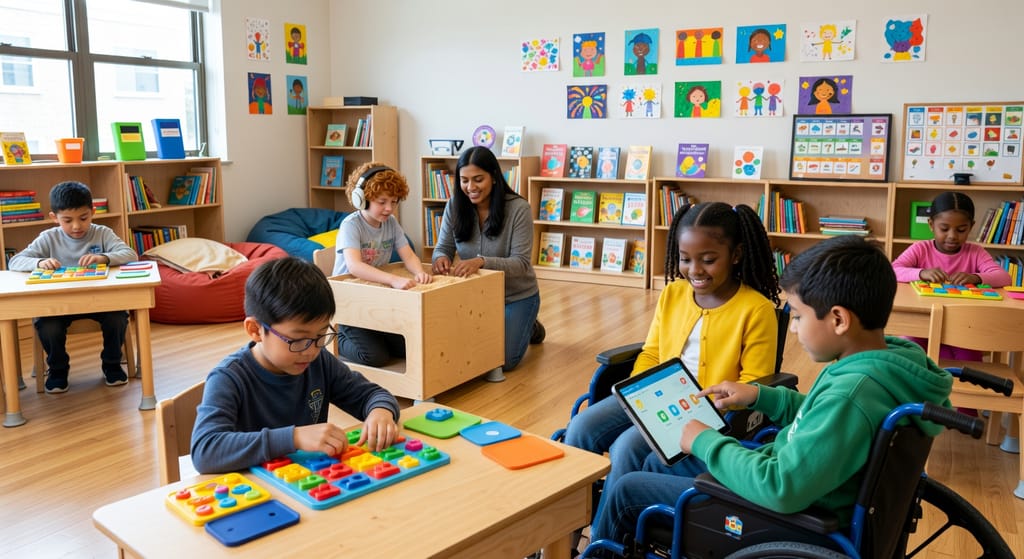 A small inclusive classroom like those in microschools for special needs students, with children using hands-on learning materials
