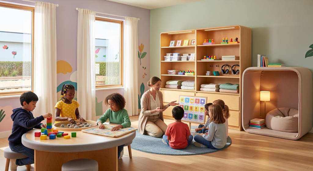 A bright, inclusive classroom typical of autism schools, where young children learn with a teacher and hands-on materials