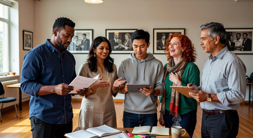 A diverse group of adults discussing notes and a tablet during a meeting, illustrating dyslexia strengths in the workplace