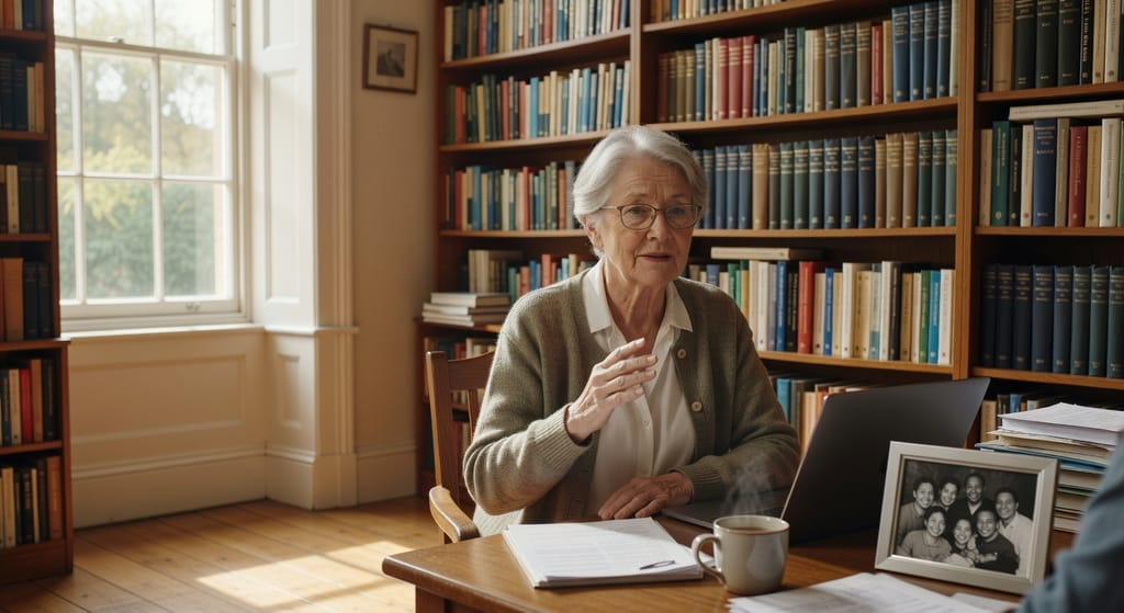 An older researcher speaking at a desk in a book-lined study, reflecting decades of autism spectrum research