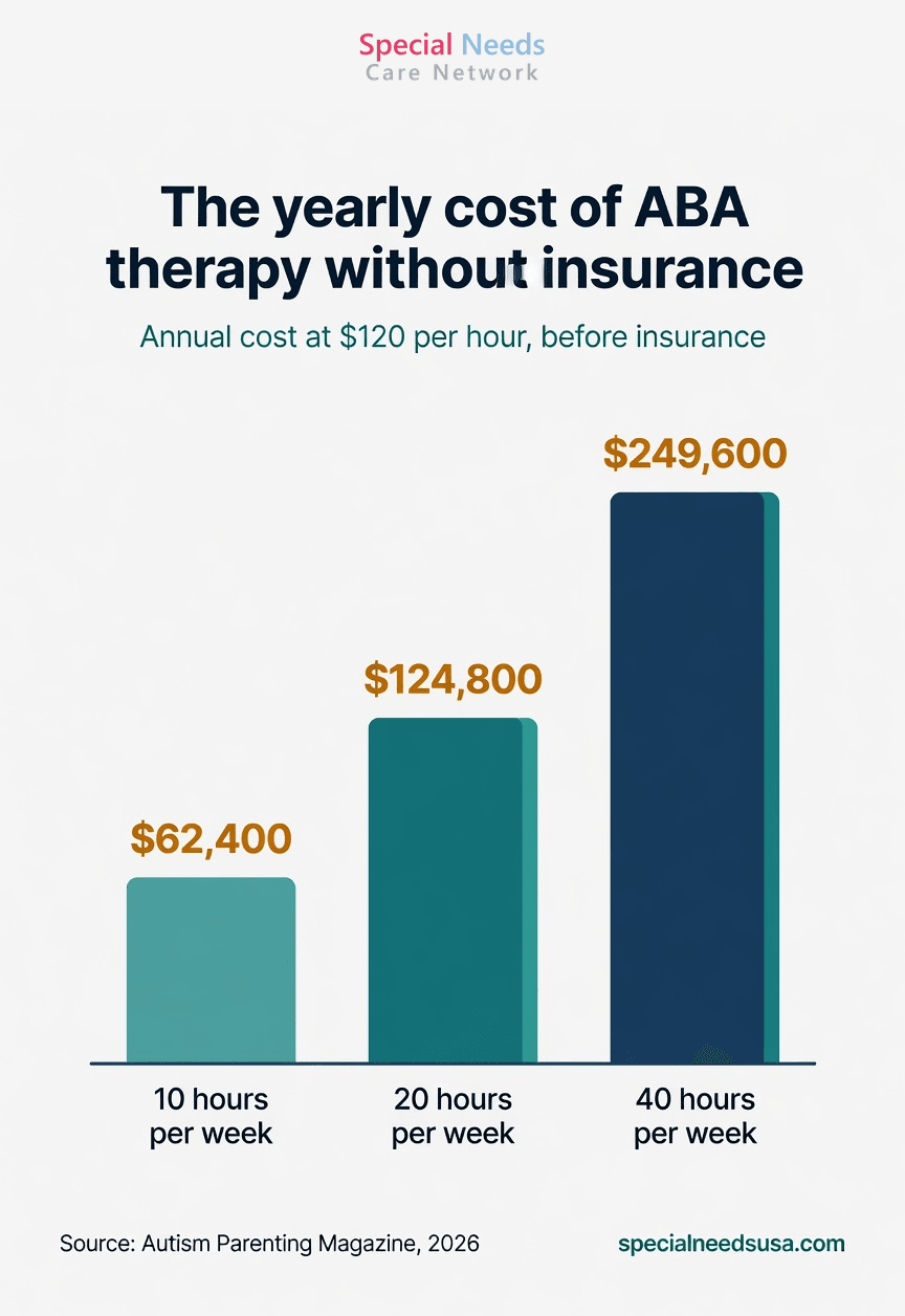 The yearly cost of ABA therapy without insurance Bar chart of annual out-of-pocket ABA therapy cost at 120 dollars per hour: 10 hours per week is 62,400 dollars, 20 hours per week is 124,800 dollars, 40 hours per week is 249,600 dollars per year.