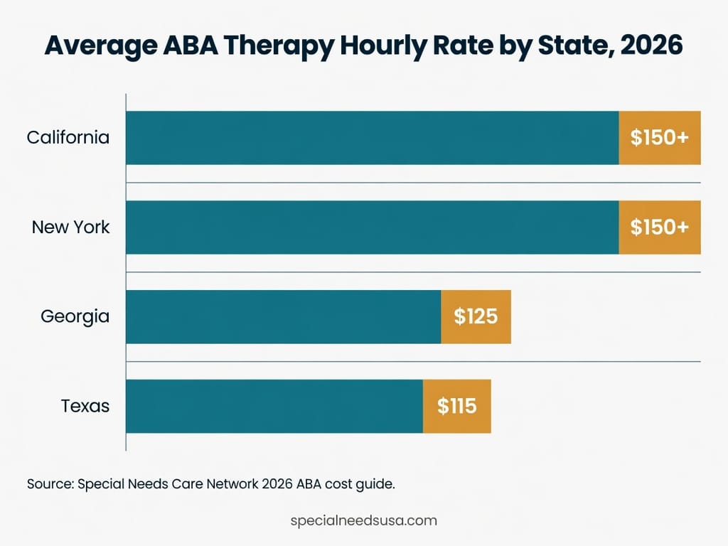 Average ABA therapy hourly rate by state, 2026 Horizontal bar chart showing average ABA therapy cost per hour by U.S. state in 2026: California over 150 dollars, New York over 150 dollars, Georgia 125 dollars, and Texas 115 dollars per hour.