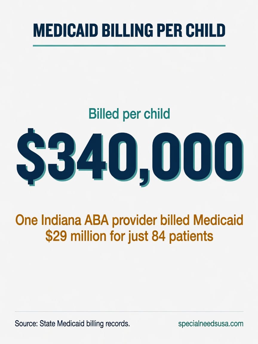 One Indiana ABA provider billed $340,000 per child Statistic graphic showing that one Indiana ABA provider, Piece by Piece Autism Centers, billed the state 29 million dollars to provide ABA therapy to just 84 patients, roughly 340,000 dollars per child.