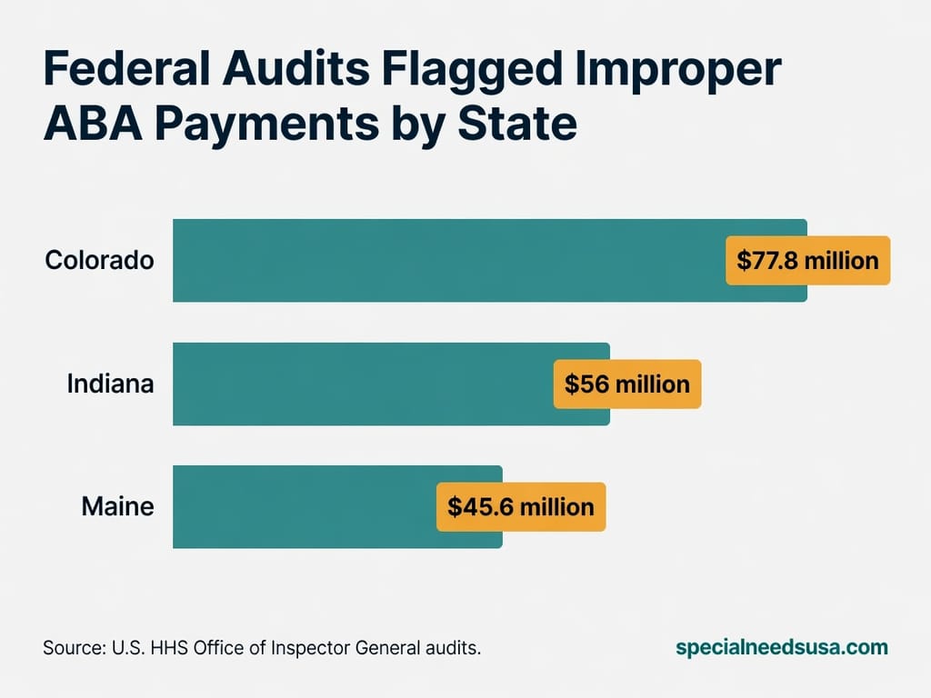Improper ABA Medicaid payments flagged by federal audits Horizontal bar chart showing federal HHS Office of Inspector General audit findings of improper Medicaid payments for ABA autism therapy by state: Colorado 77.8 million dollars, Indiana 56 million dollars, and Maine 45.6 million dollars.