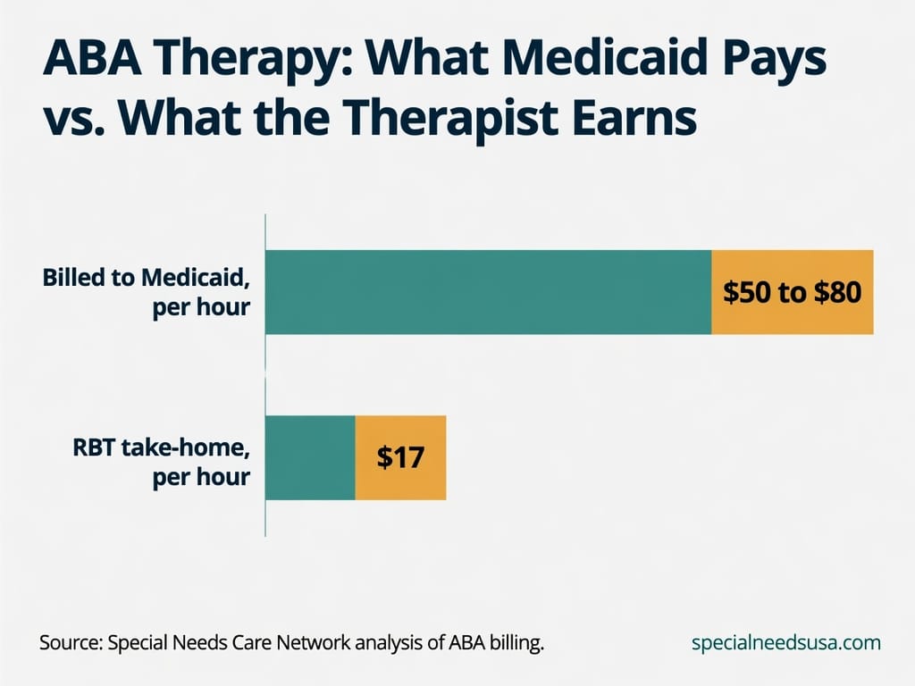 What Medicaid pays vs. what the therapist earns Horizontal bar chart contrasting what Medicaid is billed per hour for ABA therapy, 50 to 80 dollars, with what the registered behavior technician delivering the therapy takes home, about 17 dollars per hour.