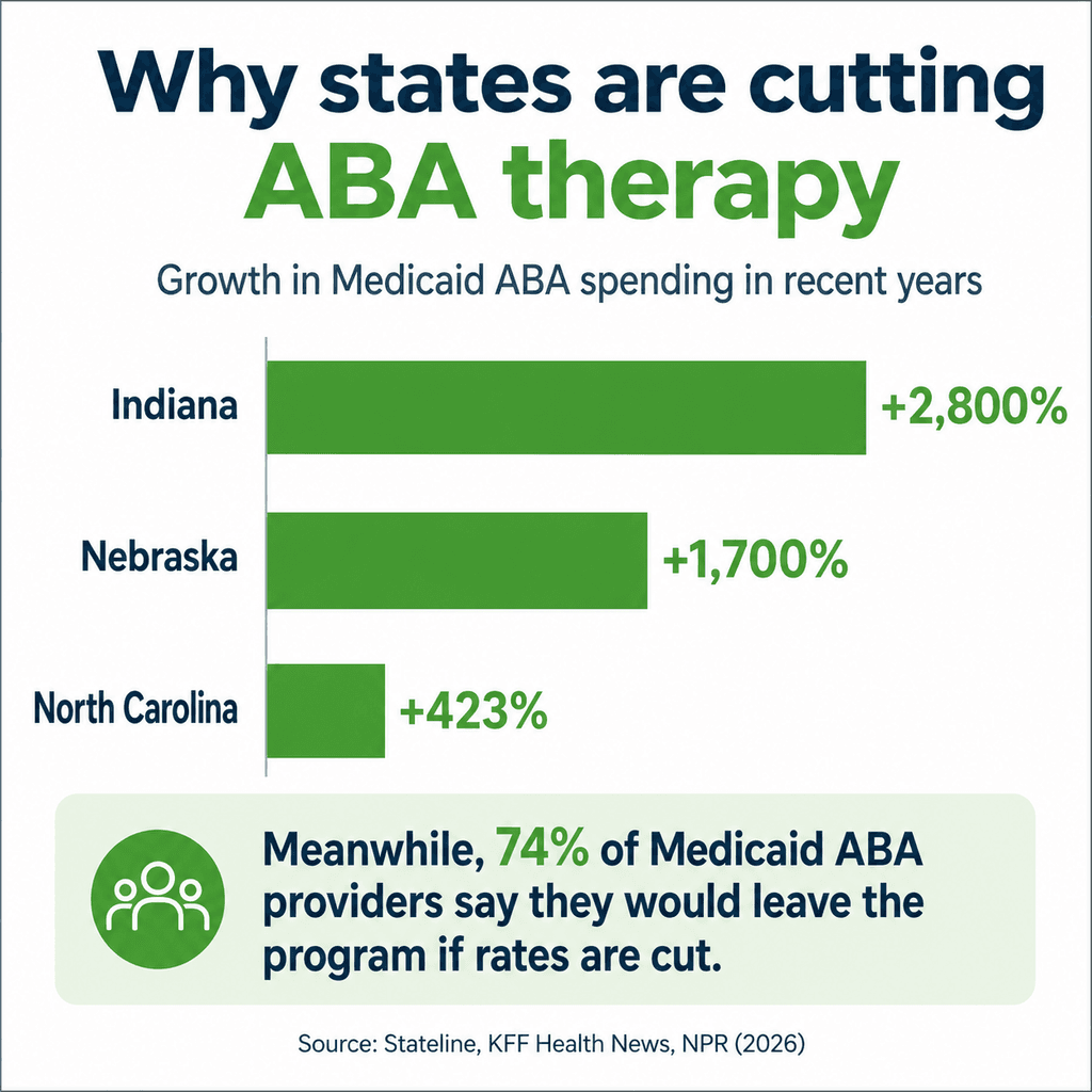 Why states are cutting ABA therapy Bar chart showing growth in Medicaid ABA therapy spending: Indiana +2,800%, Nebraska +1,700%, North Carolina +423%. Meanwhile 74% of Medicaid ABA providers say they would leave the program if rates are cut.