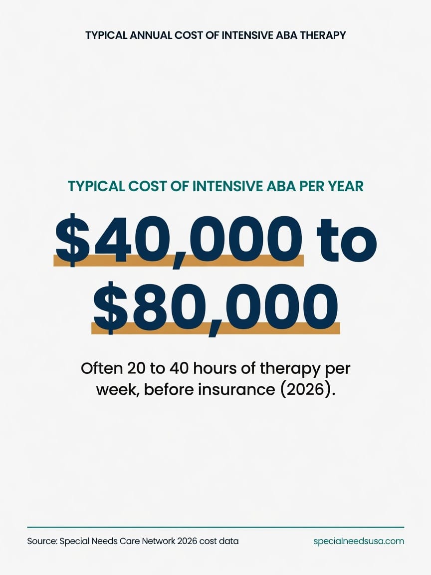 What intensive ABA therapy costs per year Statistic graphic showing intensive ABA therapy typically costs about 40,000 to 80,000 dollars a year in 2026, often involving 20 to 40 hours of therapy per week before ABA insurance coverage.
