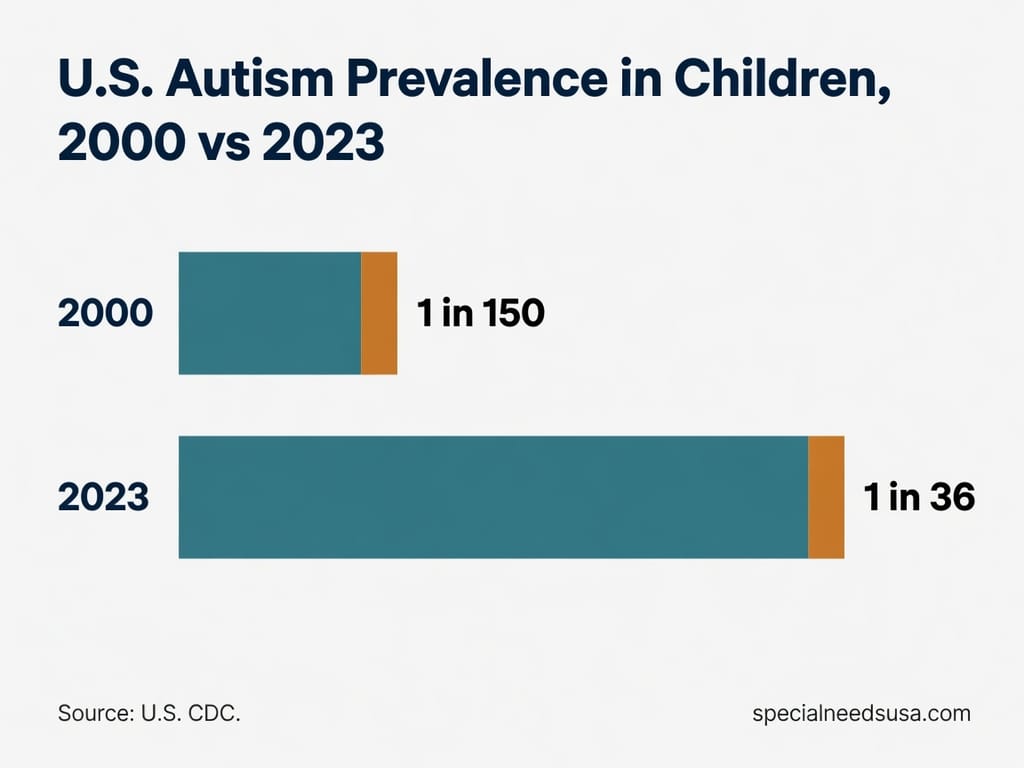 U.S. autism prevalence has risen sharply, 2000 to 2023 Horizontal bar chart from the history of autism diagnosis showing U.S. autism prevalence in children rose sharply from 1 in 150 in 2000 to 1 in 36 in 2023, according to the CDC.