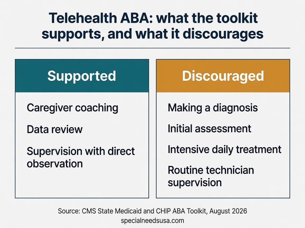 What the CMS toolkit supports and discourages for telehealth ABA Two-column comparison graphic. Telehealth ABA that the CMS toolkit still supports: caregiver coaching, data review, and supervision with direct observation. Telehealth ABA it discourages: making a diagnosis, the initial assessment, intensive daily treatment blocks, and routine technician supervision. Source: CMS State Medicaid and CHIP ABA Toolkit, August 2026.