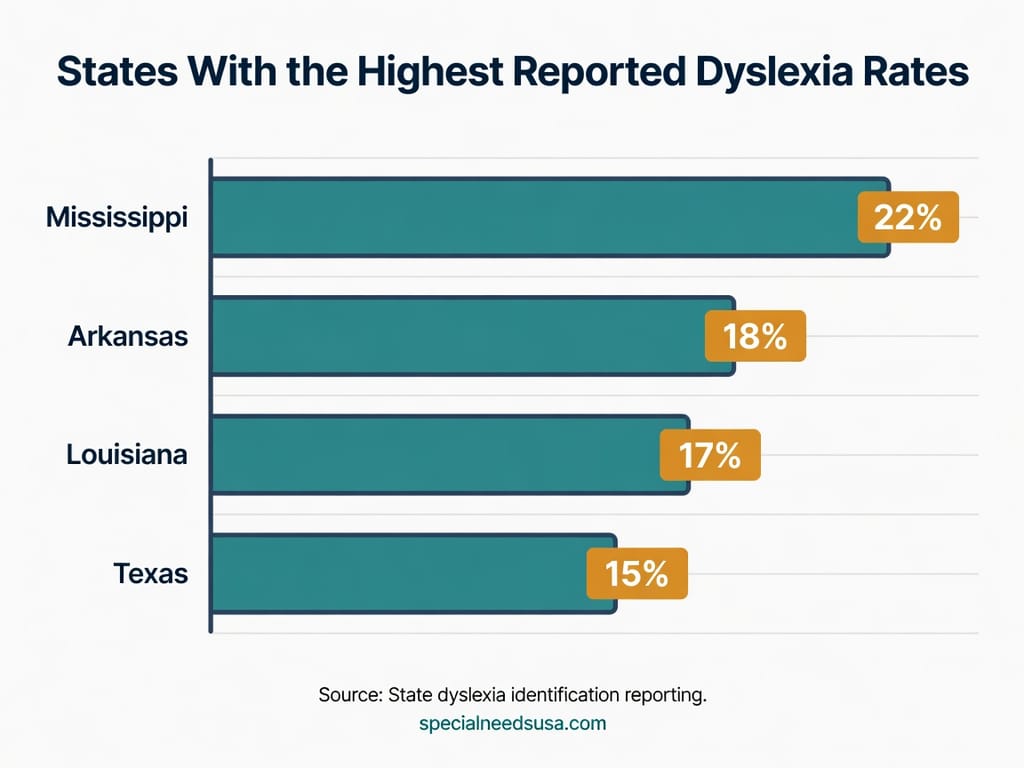 States with the highest reported dyslexia rates Horizontal bar chart showing U.S. states with the highest reported dyslexia identification rates: Mississippi 22 percent, Arkansas 18 percent, Louisiana 17 percent, and Texas 15 percent of students identified as dyslexic.