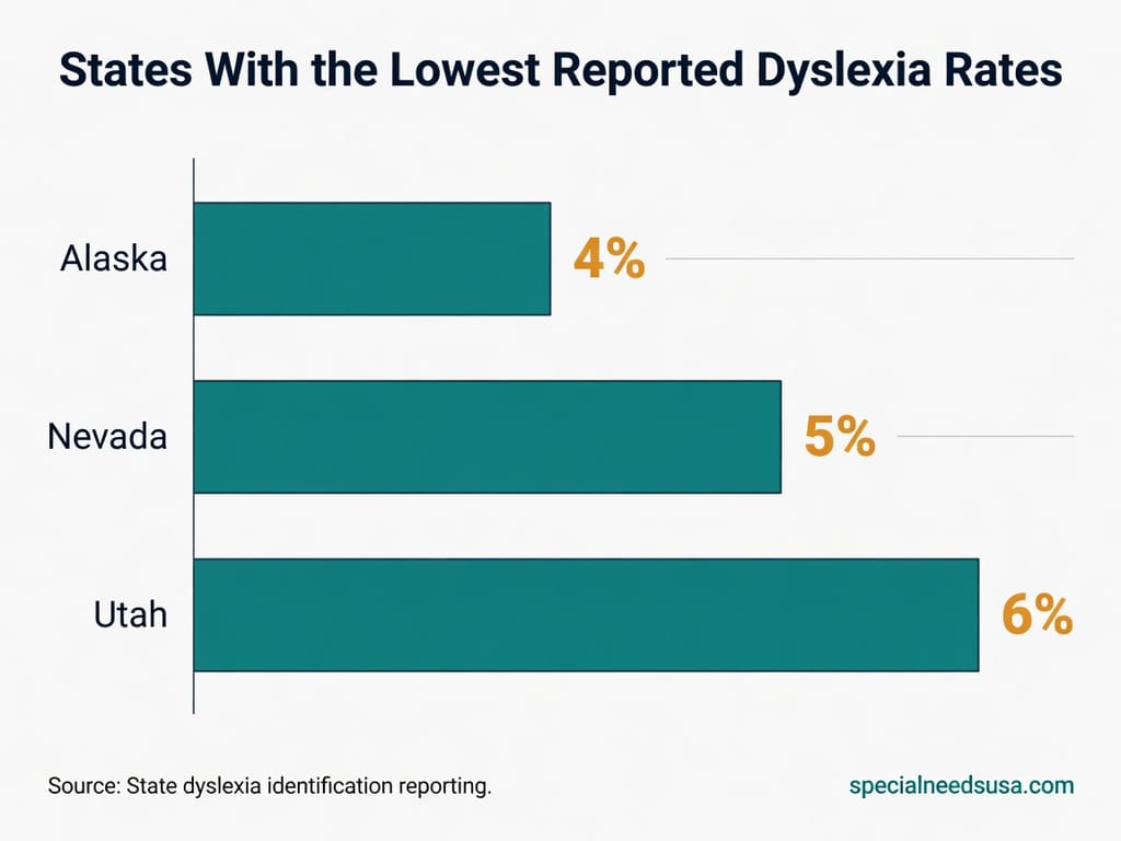 States with the lowest reported dyslexia rates Horizontal bar chart showing U.S. states with the lowest reported dyslexia identification rates: Alaska 4 percent, Nevada 5 percent, and Utah 6 percent of students identified as dyslexic.