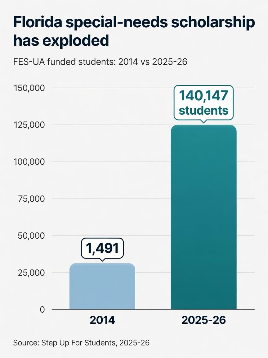 Florida special-needs scholarship growth: 2014 vs 2025-26 Bar chart comparing Florida FES-UA funded students in 2014 at 1,491 versus 2025-26 at 140,147 students. Source: Step Up For Students, 2025-26.