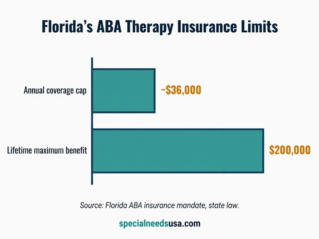 Florida's ABA therapy insurance limits Horizontal bar chart showing Florida ABA therapy insurance limits under state law: an annual coverage cap of approximately 36,000 dollars and a lifetime maximum benefit of 200,000 dollars.