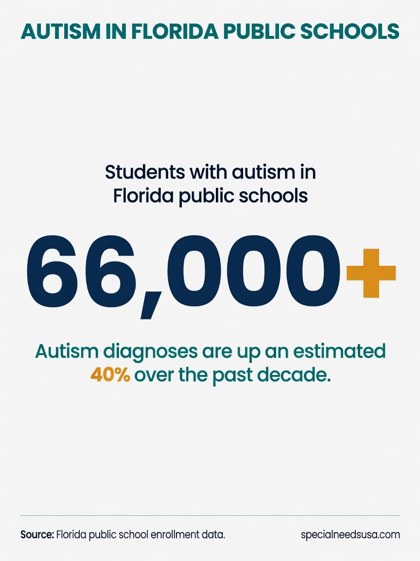 Florida public schools serve 66,000+ students with autism Statistic graphic showing Florida public schools now serve more than 66,000 students with autism, with diagnoses rising an estimated 40 percent over the past decade.