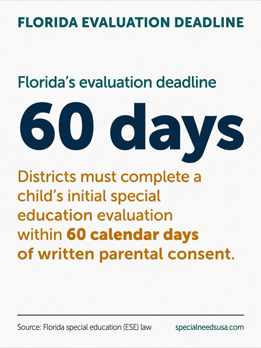 Florida's 60-day special education evaluation deadline Statistic graphic showing that under Florida special education law a school district must complete a child's initial special education evaluation within 60 calendar days of written parental consent.