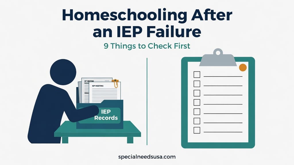 Homeschooling after an IEP failure checklist Cover graphic for Special Needs USA: Homeschooling After an IEP Failure, 9 Things to Check First. Adult reviewing an IEP Records box beside a blank checklist clipboard.