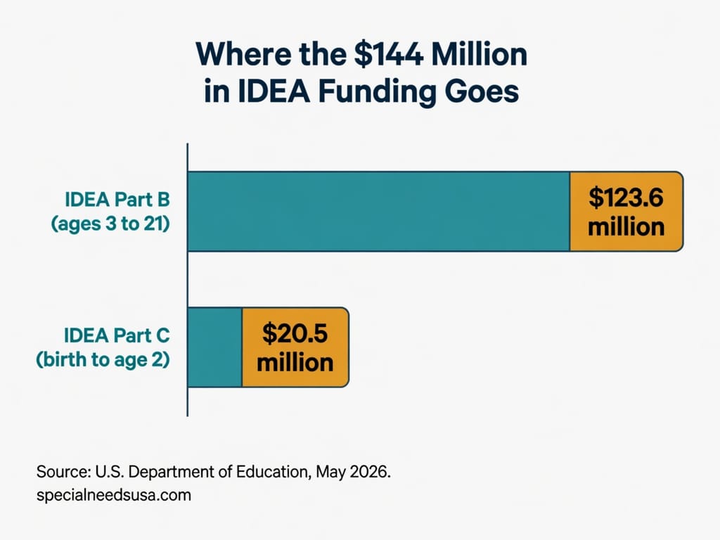 Where the $144 million in IDEA funding goes Horizontal bar chart breaking down 144 million dollars in federal IDEA special education funding: 123.6 million dollars to IDEA Part B for students ages 3 to 21, and 20.5 million dollars to IDEA Part C early intervention for birth to age 2.