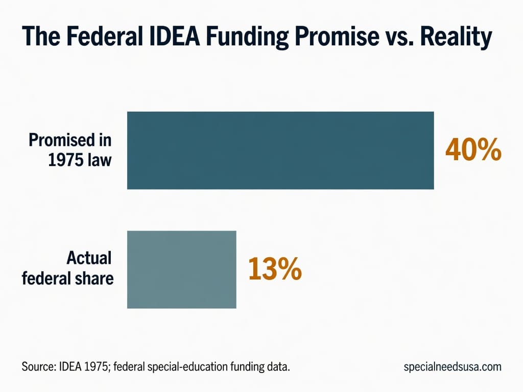 The federal IDEA funding promise versus reality Horizontal bar chart contrasting the federal IDEA special education funding promise with reality: Congress promised to cover up to 40 percent of the extra cost of educating students with disabilities, but the actual federal share has hovered around 13 percent for decades.