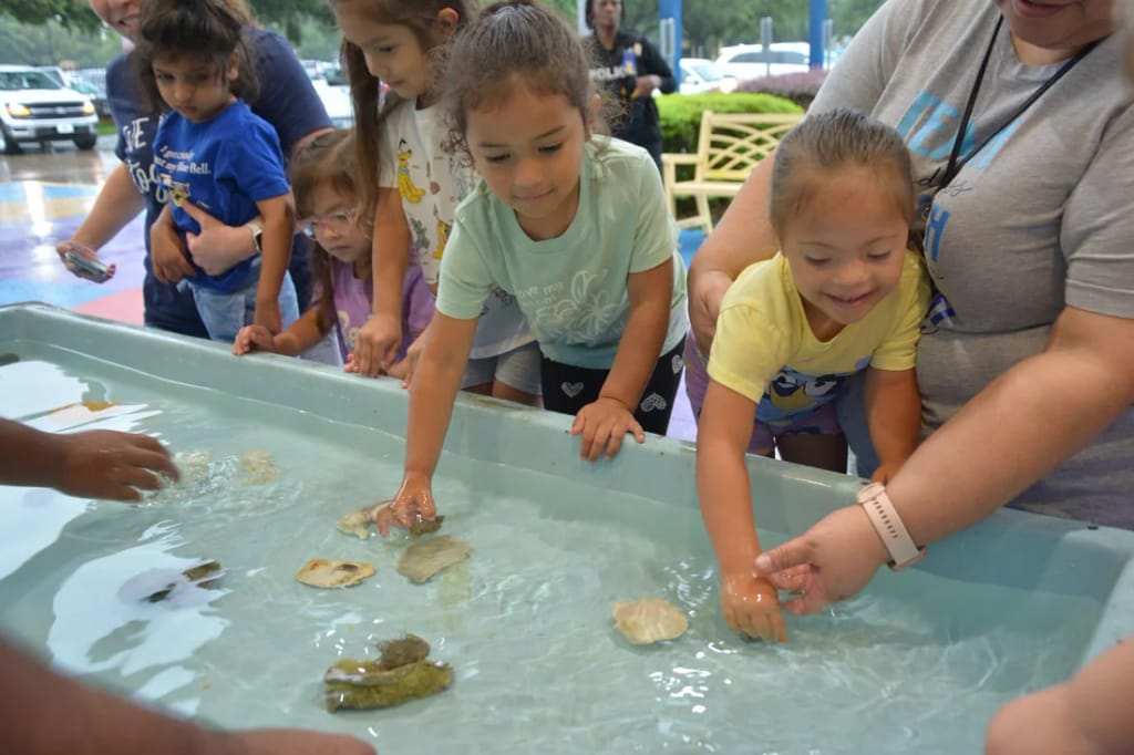 Students explore a water table activity at Rise School of Houston
