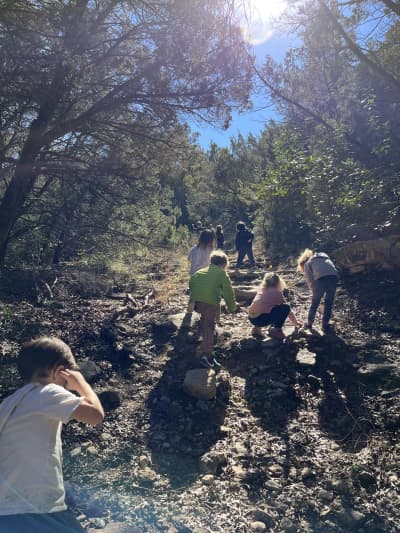 Discovery School students climbing a wooded outdoor trail during a school activity.