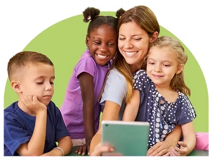 Adult using a tablet with children during a learning activity
