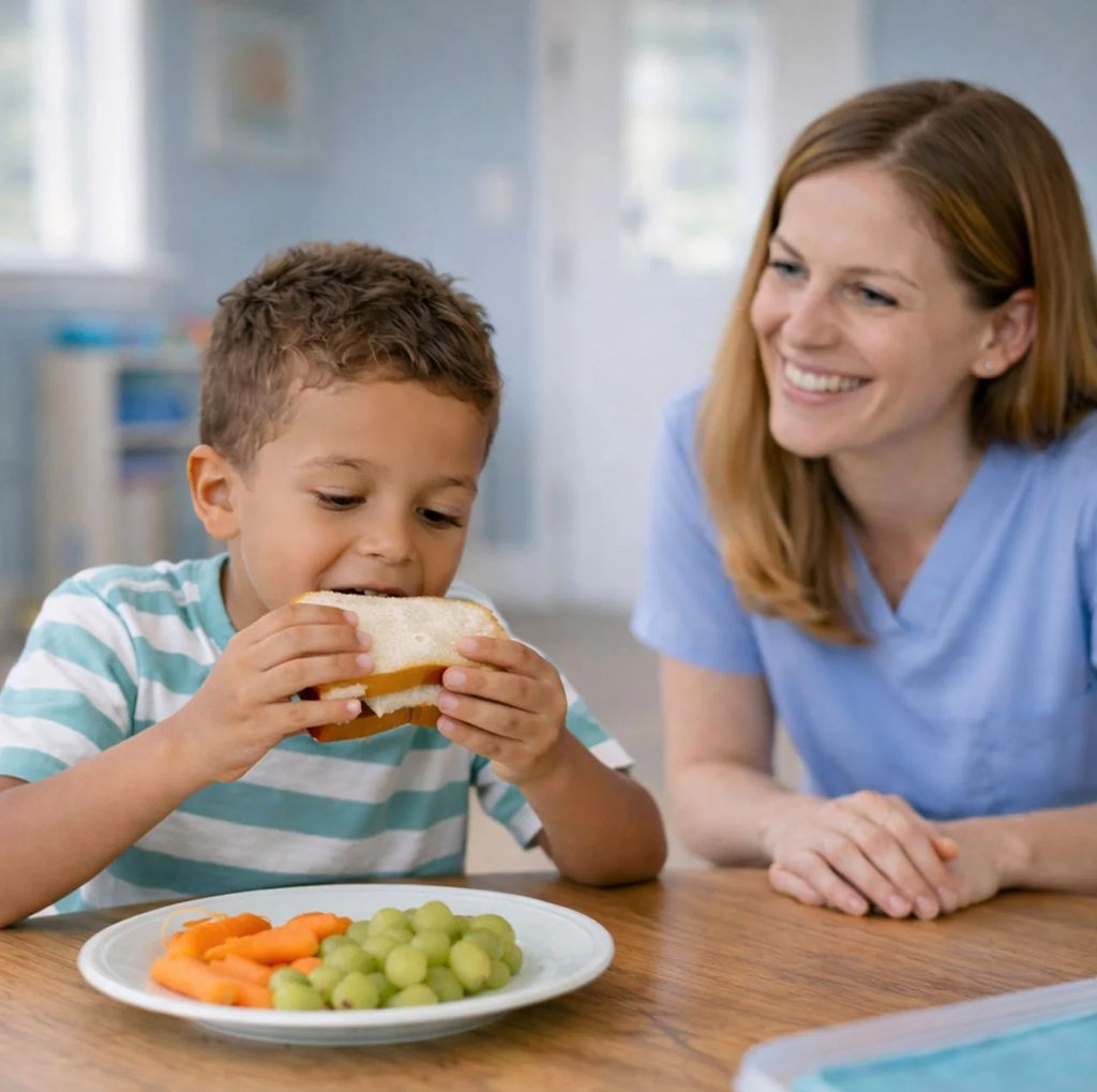 Adult supporting a child during a snack activity