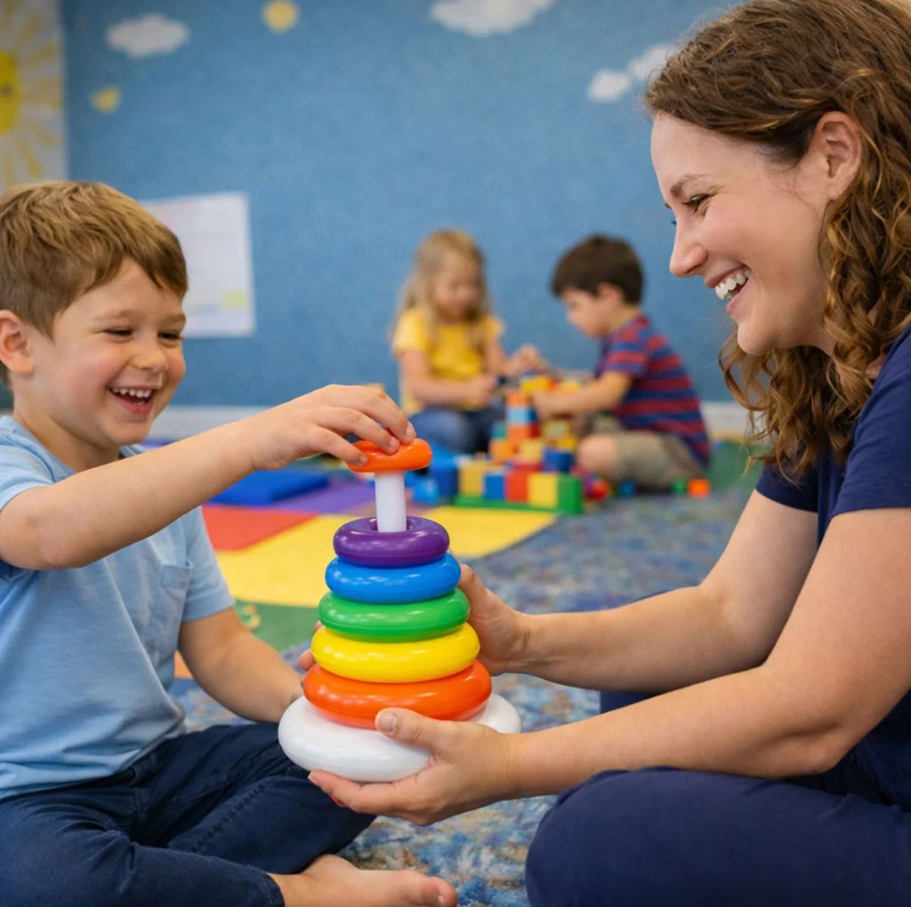 Adult and child playing with a stacking toy