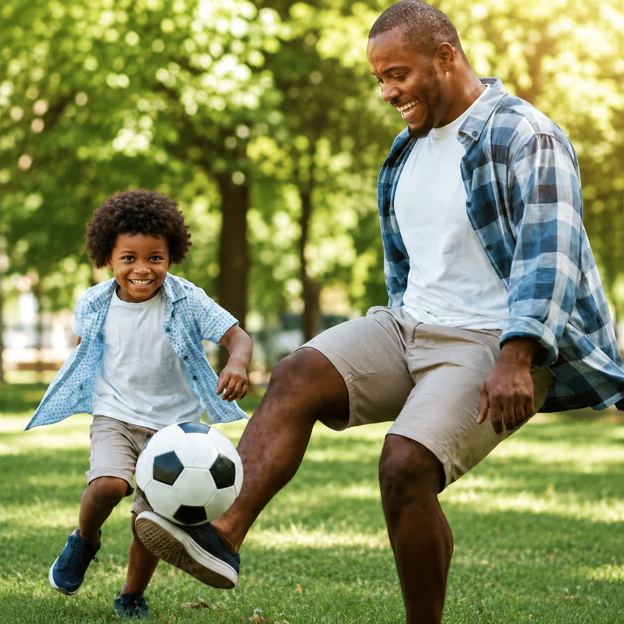Adult and child playing soccer outdoors