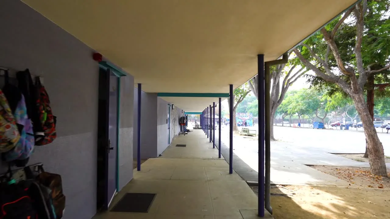 A covered walkway at Open Magnet Charter School in Los Angeles