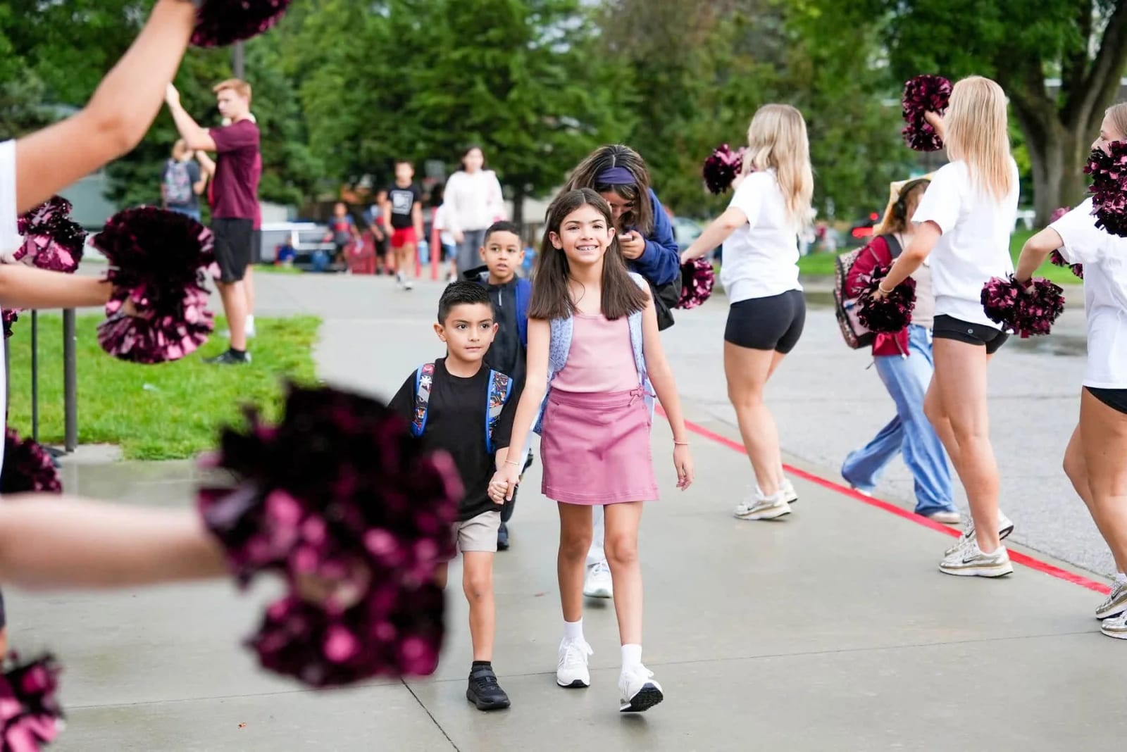 Prairie Queen Elementary students arriving for the first day of school.
