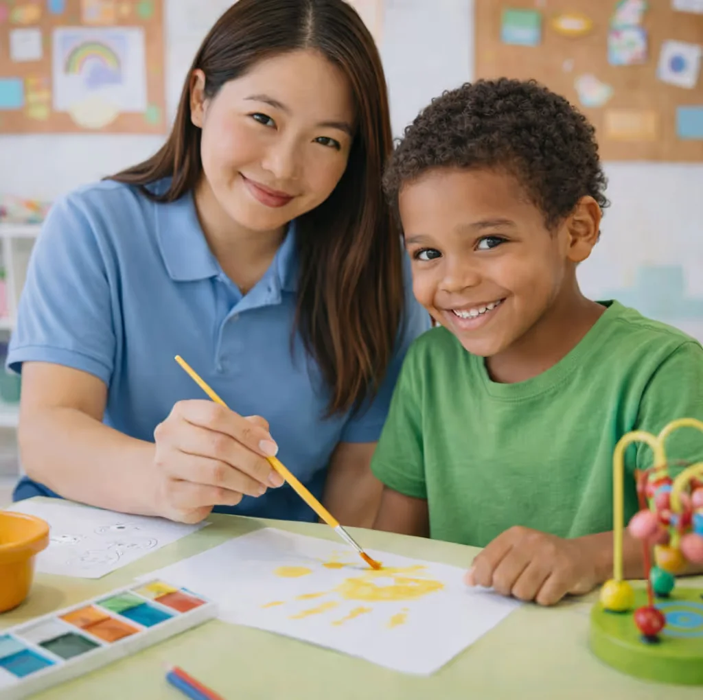 Adult supporting a child during a painting activity