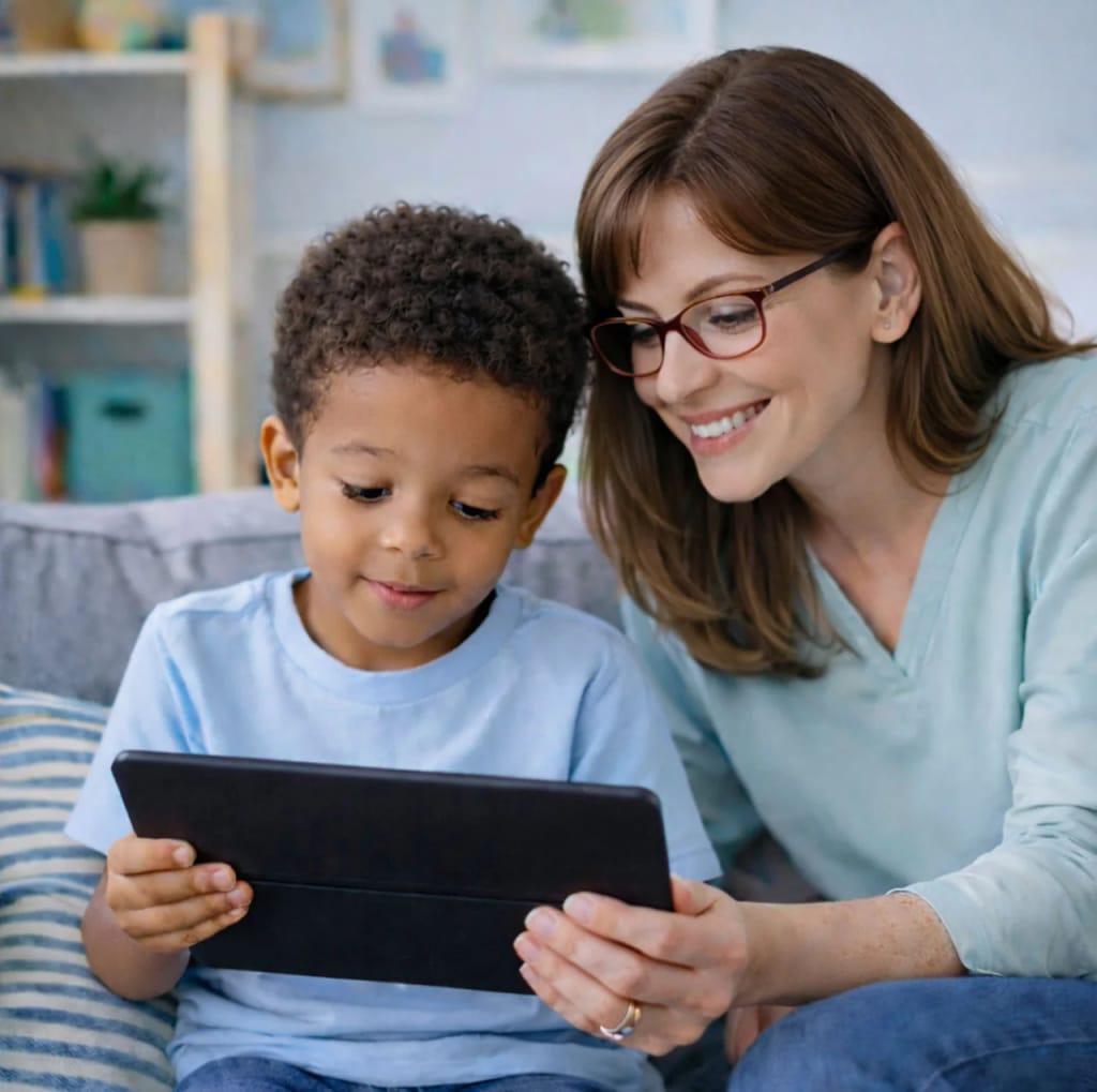 Adult and child working together with a tablet