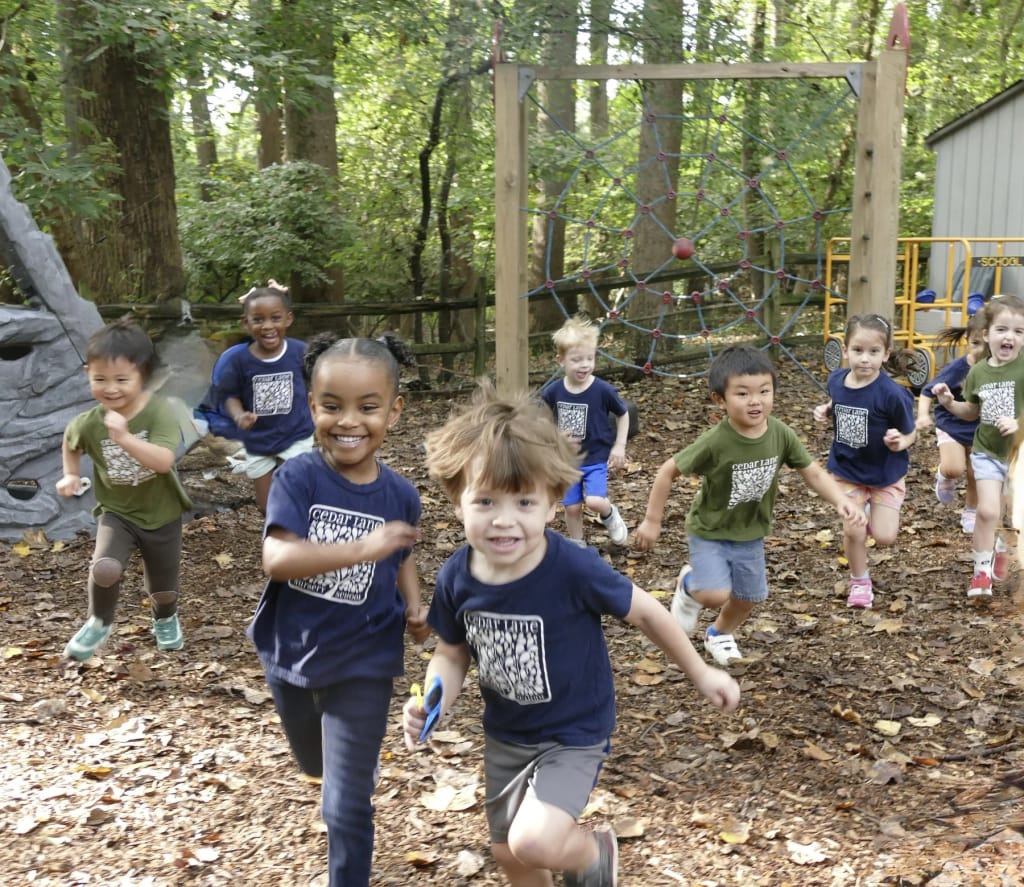 Cedar Lane Nursery School in Bethesda: children participating in an outdoor Cedar Lane activity.