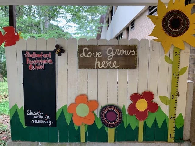 The school welcome sign and outdoor entrance at Shallowford Presbyterian School
