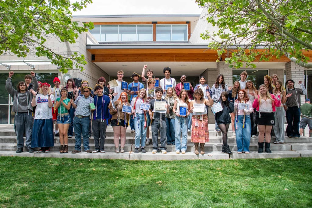 Large group of Bosque School students and staff outside the Albuquerque campus.