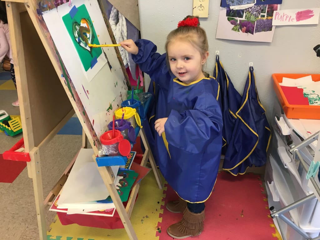 Stage of Learning Preschool child painting at an easel.