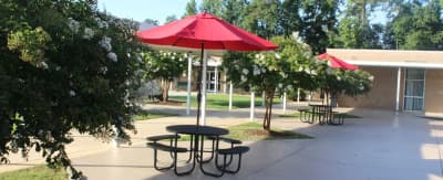 Rocky Mount Academy courtyard with shaded seating and school buildings.