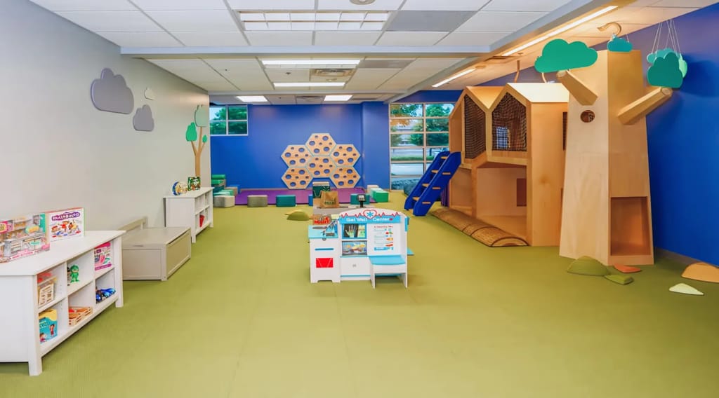 Bright indoor play space with shelves and climbing equipment at Action Behavior Centers.
