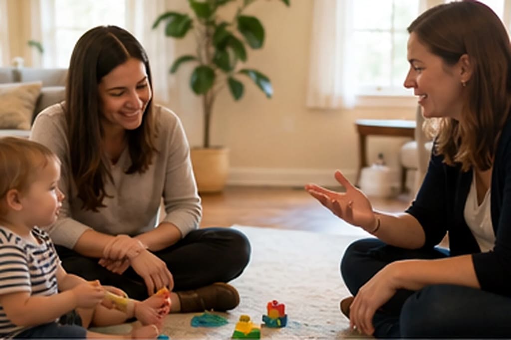 Therapist coaching a parent while a toddler plays nearby during in-home parent training.