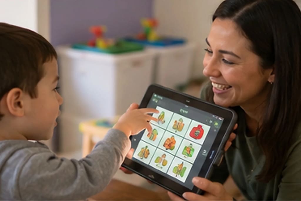 Child using a picture-based communication app on a tablet with a therapist.