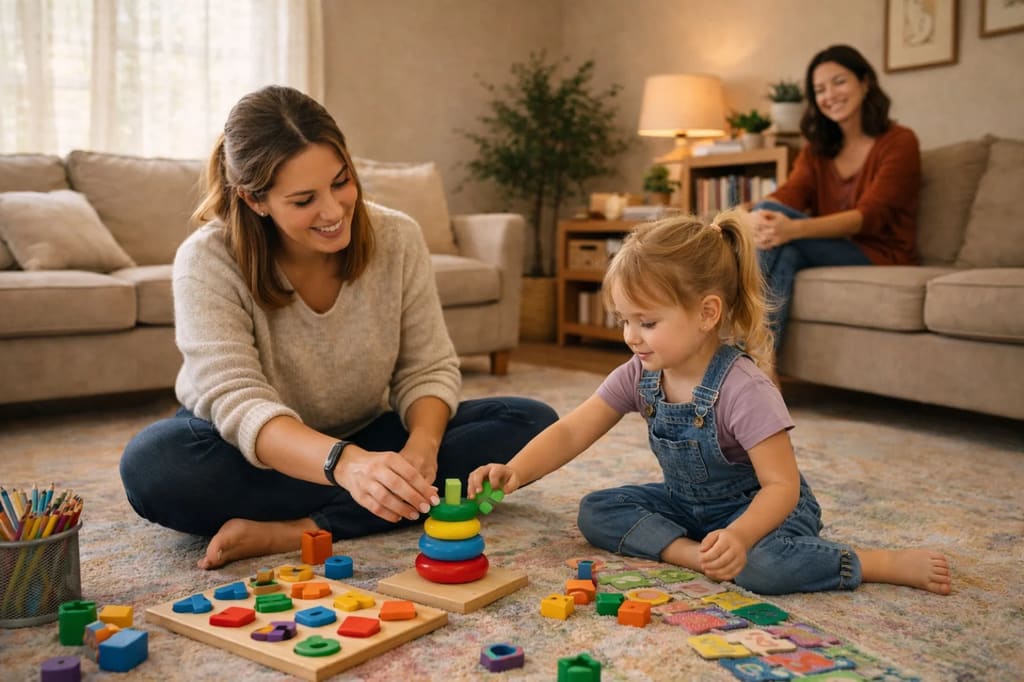 In-home ABA play session with a parent watching from the couch.