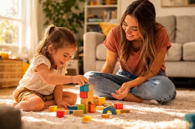 Therapist and young girl playing with colorful toys on a living room rug during an in-home ABA session.
