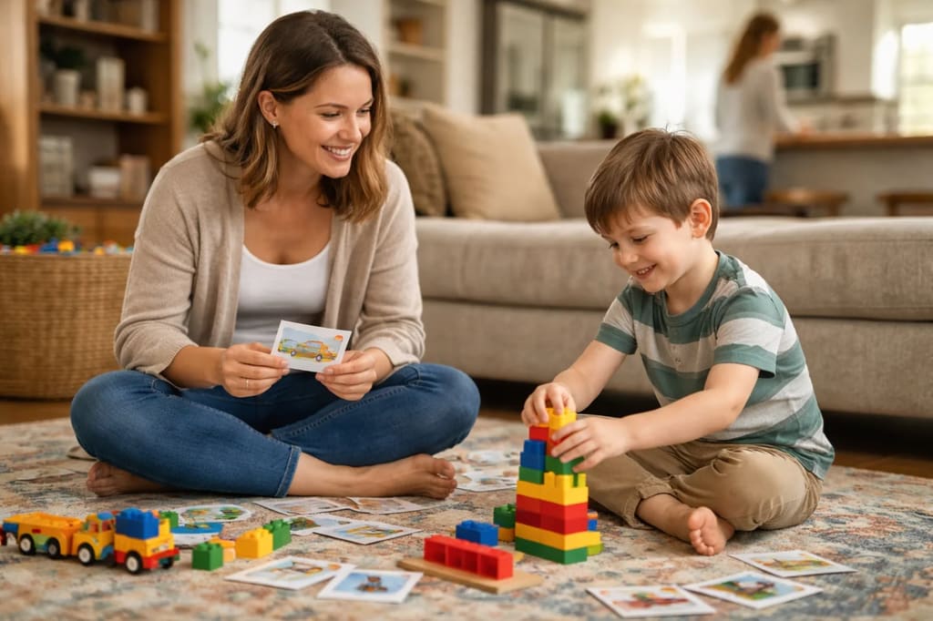 Therapist using picture cards with a young boy during a living room session.