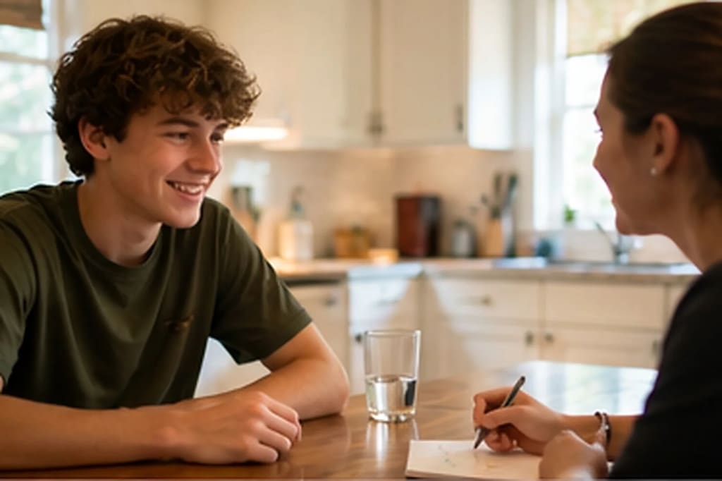Teenager working with a clinician at a kitchen table.