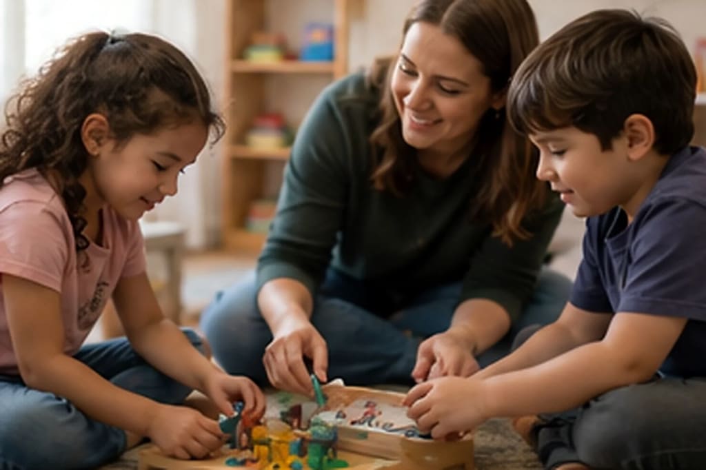 Therapist playing a game with two siblings at home.