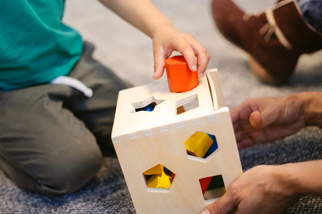 Child practicing with a wooden shape-sorting toy