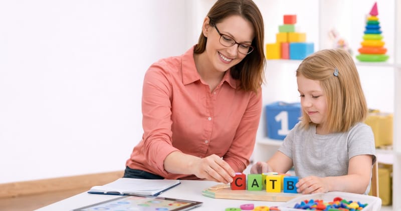 ABA therapist working with a child on letter blocks
