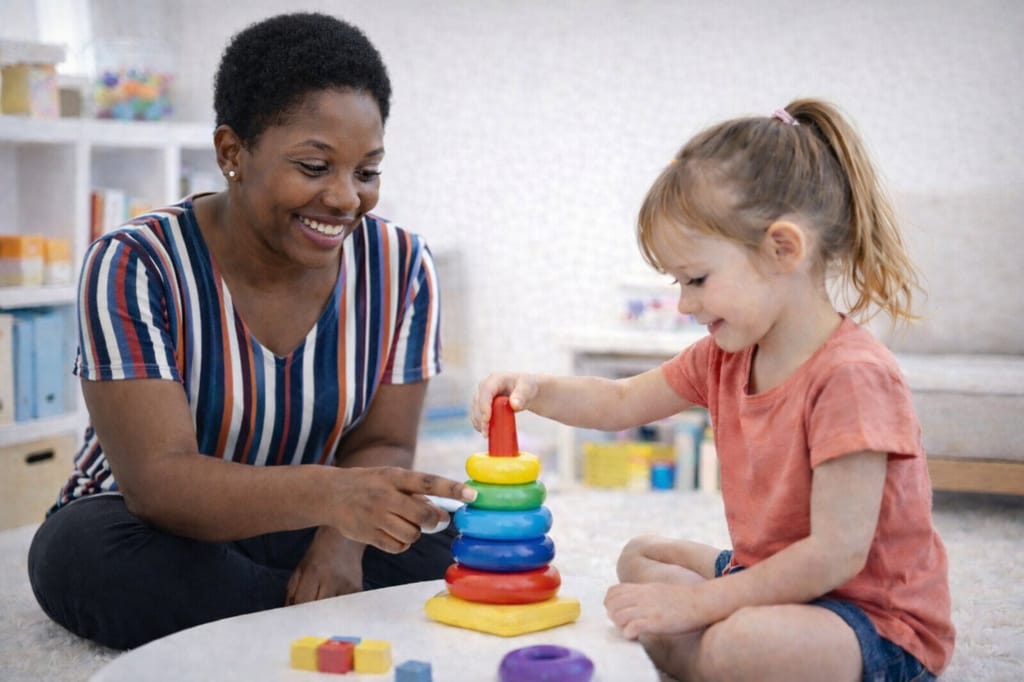 Therapist helping a young child with a stacking activity